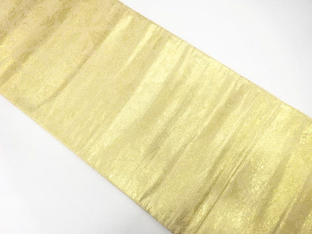 豊永織物製　鱗文に宝尽くし・鶴模様織り出し　全通袋帯